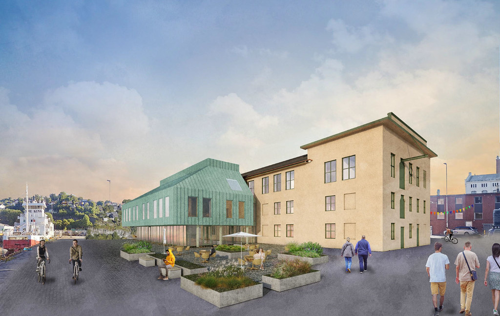 Den vakre teglsteinsbygningen er i relativt god stand. Arkitektonisk skal det opprinnelige uttrykket tilbakeføres. Illustrasjon: Nyhavna Utvikling.