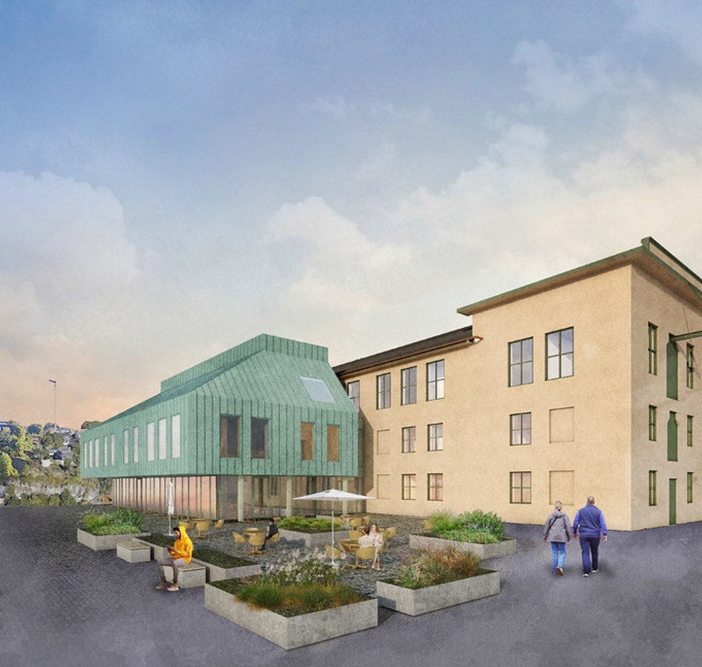 Den vakre teglsteinsbygningen er i relativt god stand. Arkitektonisk skal det opprinnelige uttrykket tilbakeføres. Illustrasjon: Nyhavna Utvikling.