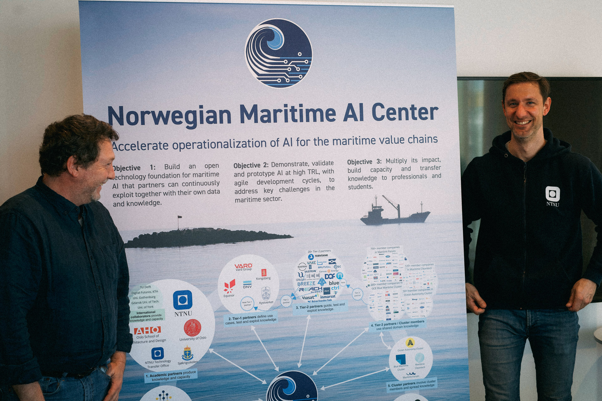 Tor Arne Johansen og Ole Andreas Alsos står foran rollup for Norwegian Maritime AI Center.