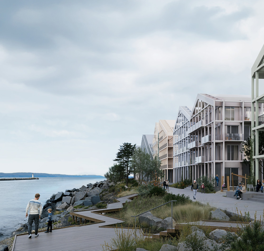 Husrekke med gang og sykkelvei langs ei elv