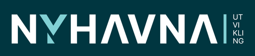 Logo Nyhavna Utvikling tekst i blått og hvitt